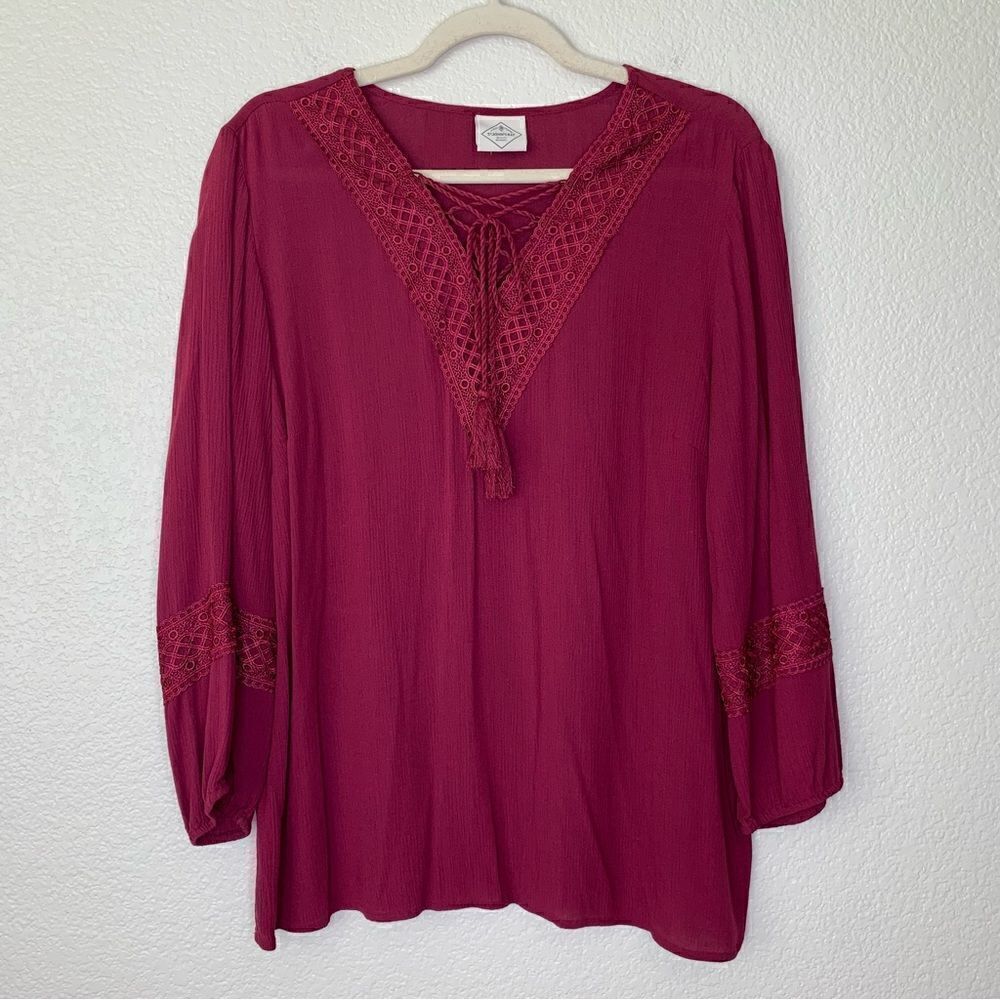 St. Johns Bay Tie Front Tassel V-neck Long Sleeves Top
